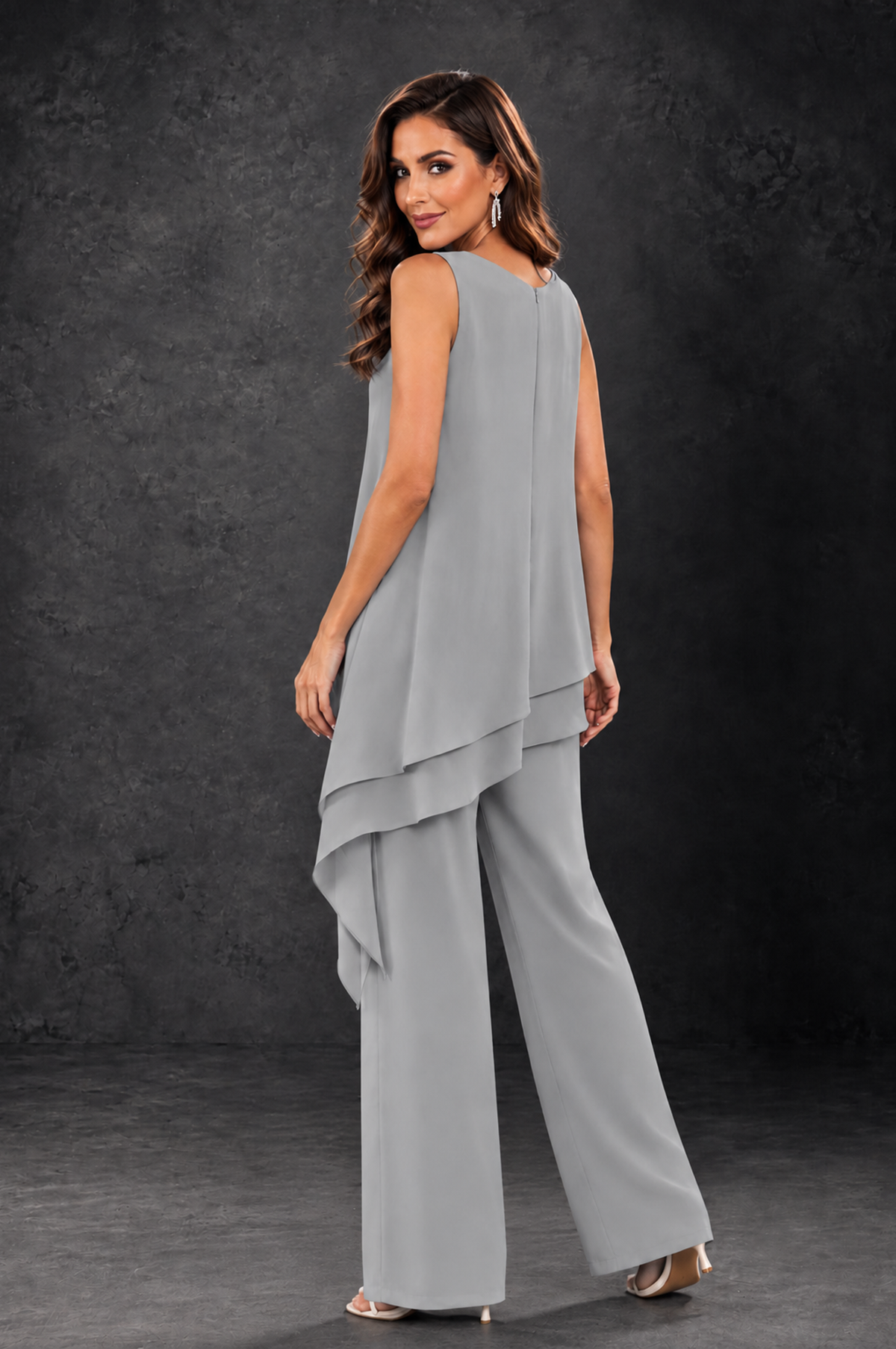 BOLODOO Silver Layered Mother of the Bride Pantsuit with Jacket - Silver - Silver_4