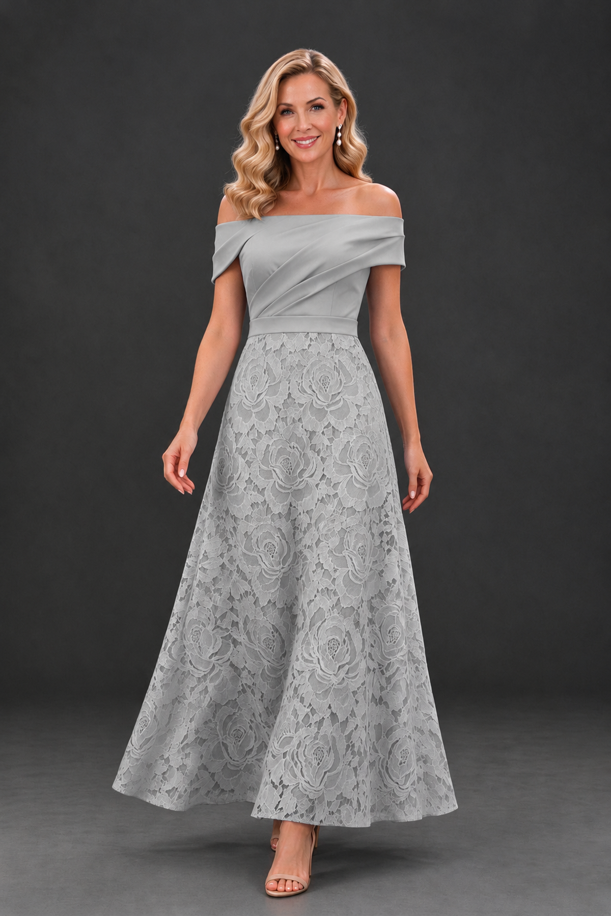 BOLODOO Silver Off-the-Shoulder Floral A-Line Mother of the Bride Dress - Silver - Silver_4