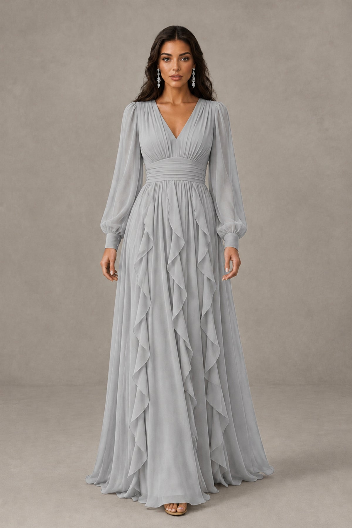BOLODOO Silver Long Sleeve V-Neck Ruffle Maxi Dress - Silver