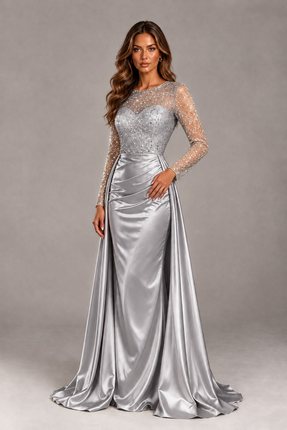 BOLODOO Silver Long Sleeve Embellished Satin Evening Gown with Sweep Train - Silver - Silver_4