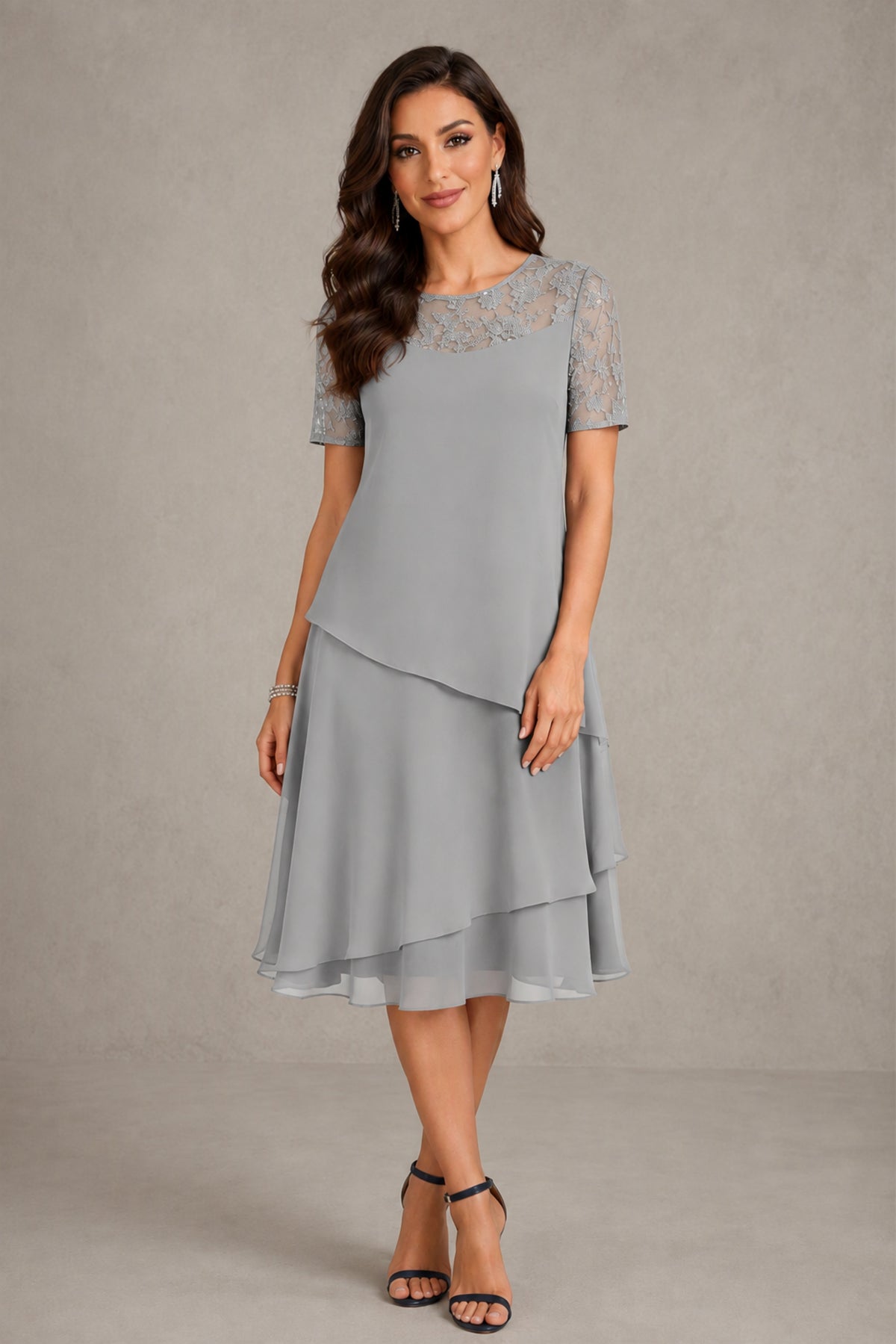 BOLODOO Silver Illusion Lace Short Sleeve Tiered Chiffon Tea Length Dress | Mother of the Bride Midi Dress - Silver