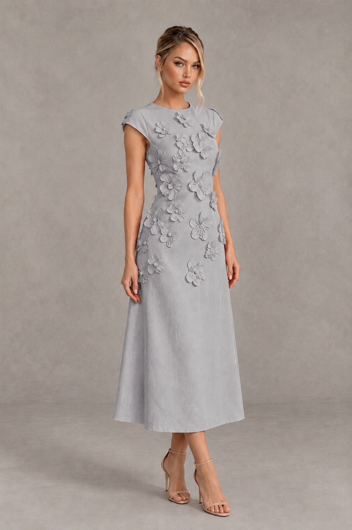 BOLODOO Silver 3D Floral Cap Sleeve Midi Cocktail Dress - Silver - Silver_4