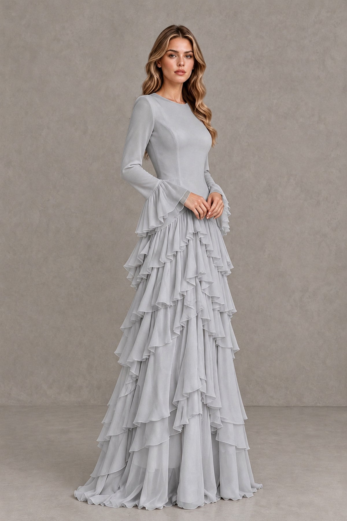 Silver Long Sleeve Tiered Ruffle Evening Gown - Silver - Silver_4