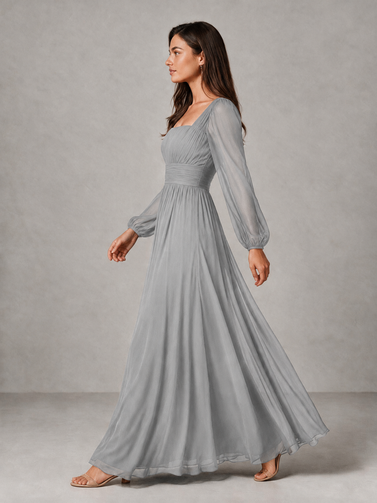 BOLODOO Silver Square Neck Long Sleeve Chiffon Bridesmaid Dress - Silver - Silver_4