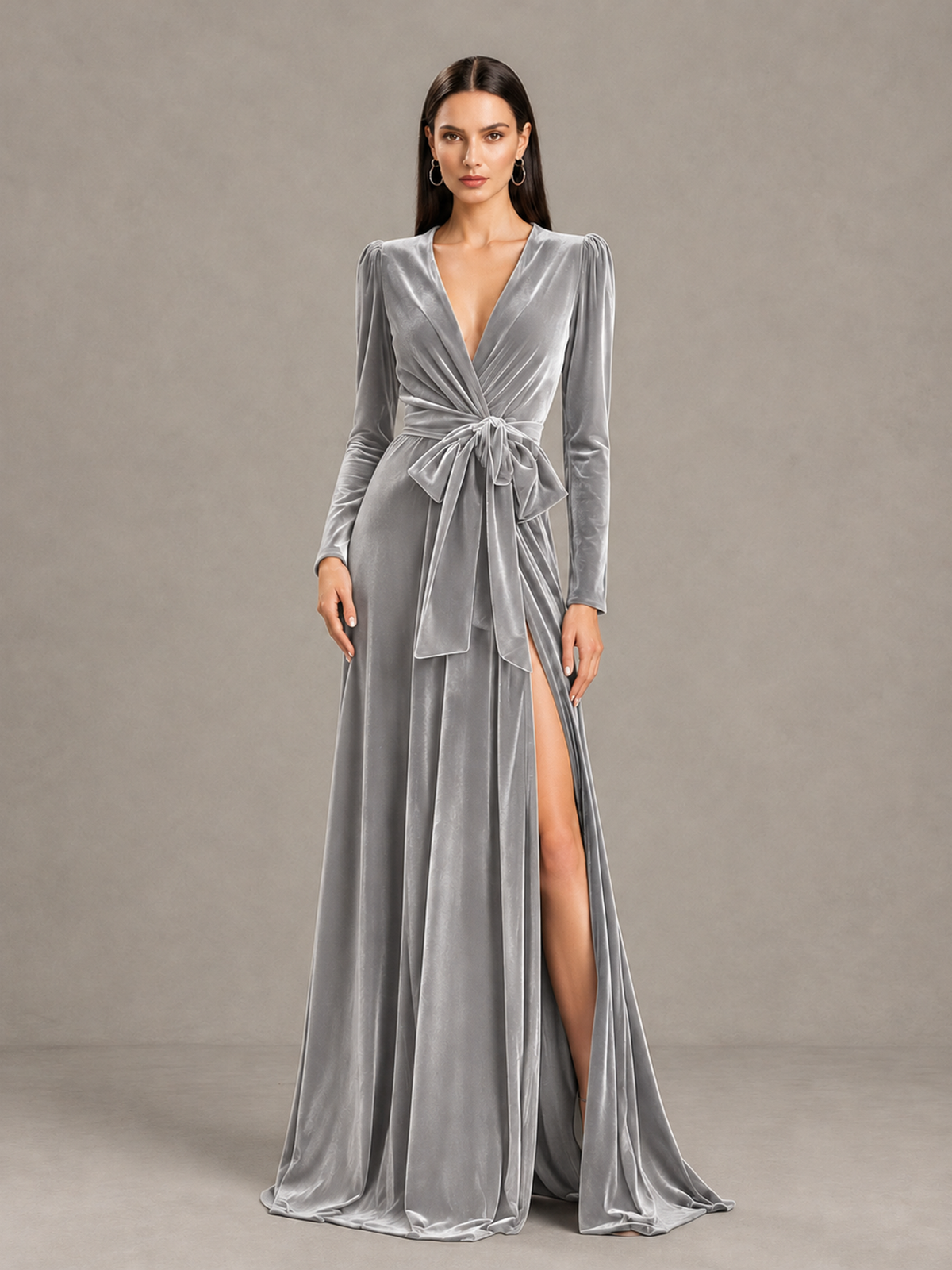 BOLODOO Silver Long Sleeve Velvet-Look Evening Dress with High Slit - Silver - Silver_4