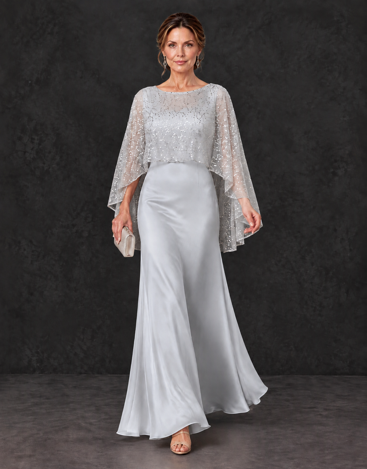 BOLODOO Silver Sparkle Cape Sleeve Mother of the Bride Dress - Silver - Silver_4