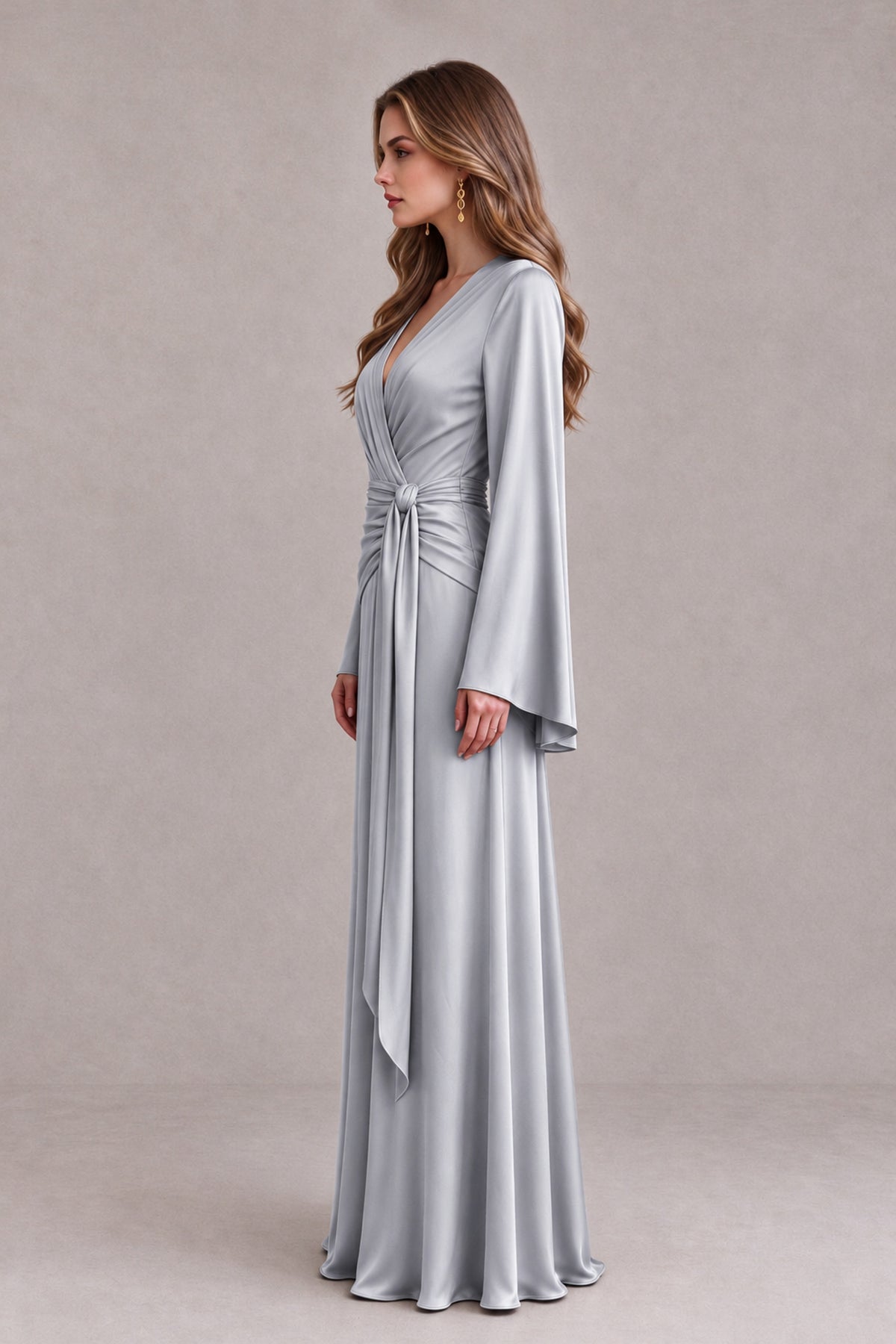 BOLODOO Silver Yellow Satin-Look V-Neck Long Bell Sleeve Evening Dress - Silver - Silver_4