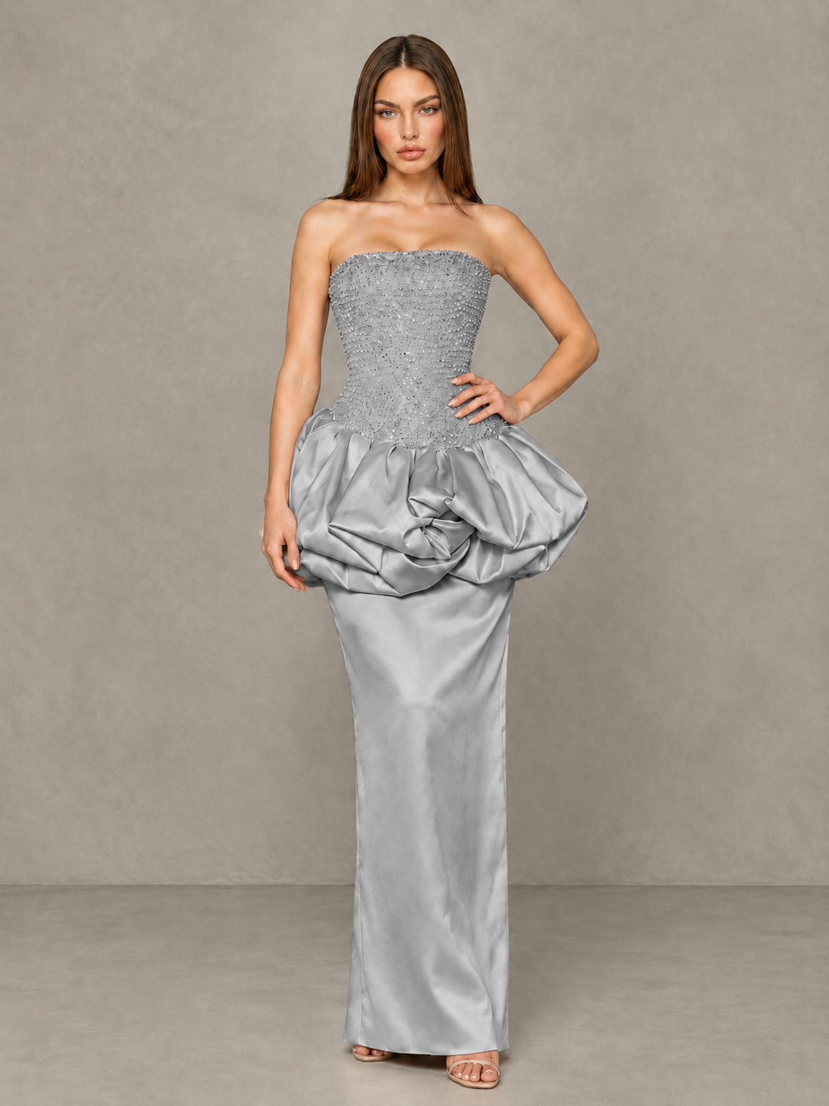 BOLODOO Silver Strapless Embellished Bubble Peplum Evening Dress - Silver - Silver_4