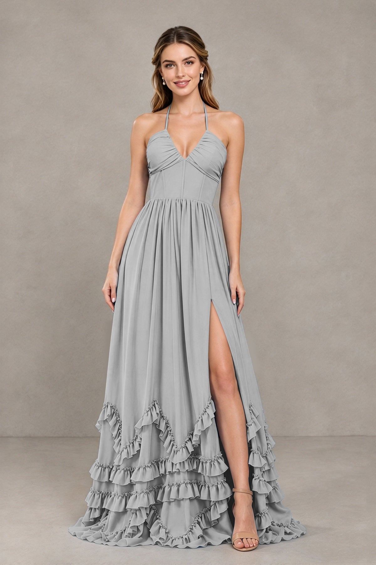 BOLODOO Silver Halter Ruffle Hem A-Line Bridesmaid Dress with High Slit - Silver - Silver(4)