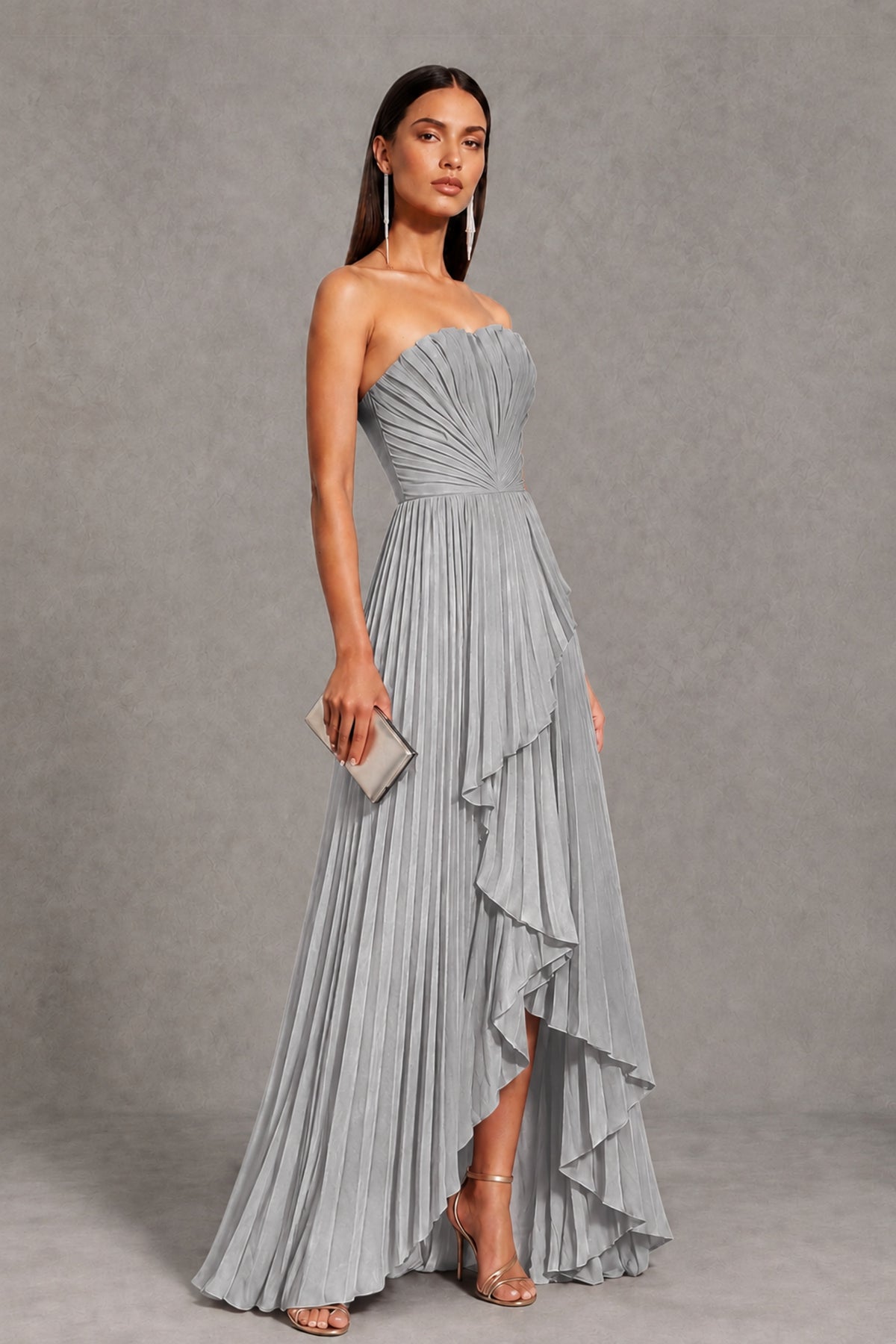 Silver Strapless Pleated High-Low Evening Gown with Ruffle Hem - Silver - Silver_4