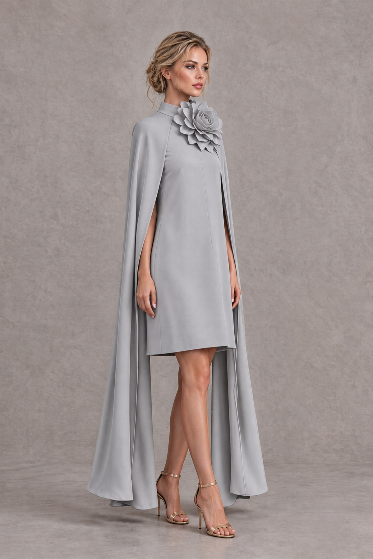 BOLODOO Silver High Neck Floral Cape Mini Cocktail Dress - Silver - Silver_4