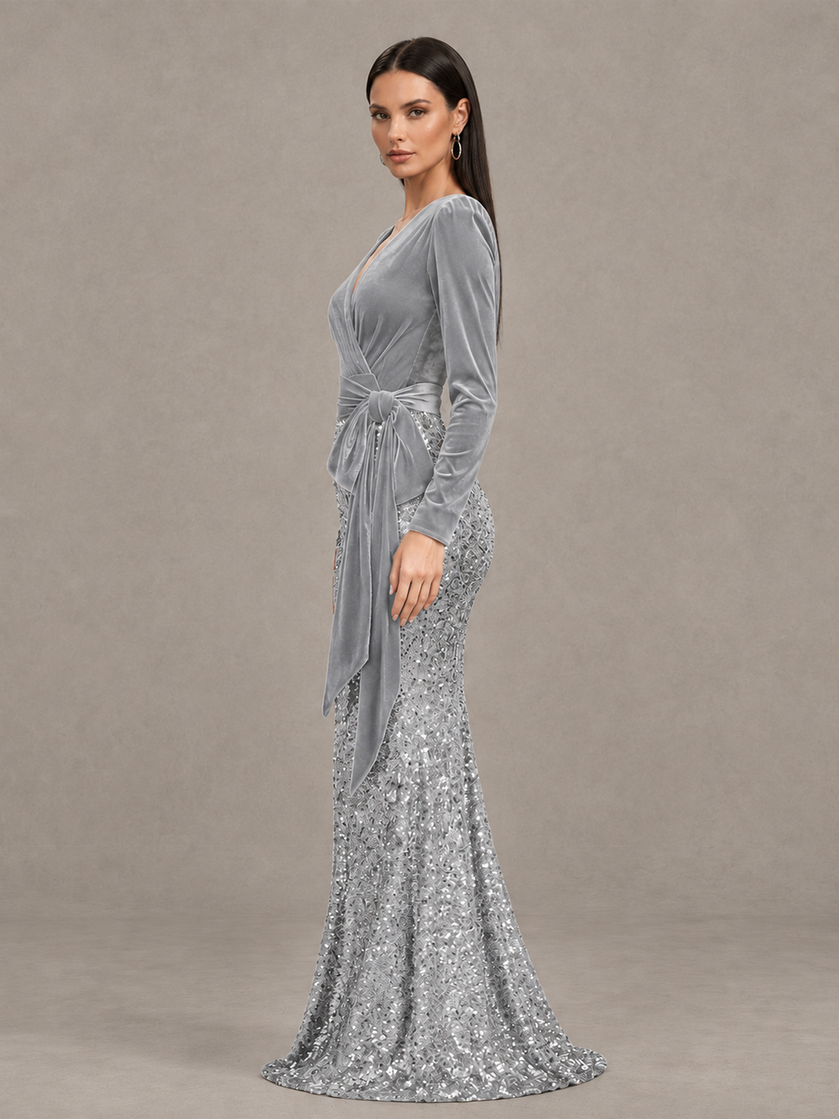 BOLODOO Silver Velvet & Sequin Long Sleeve V-Neck Mermaid Evening Gown - Silver - Silver_4
