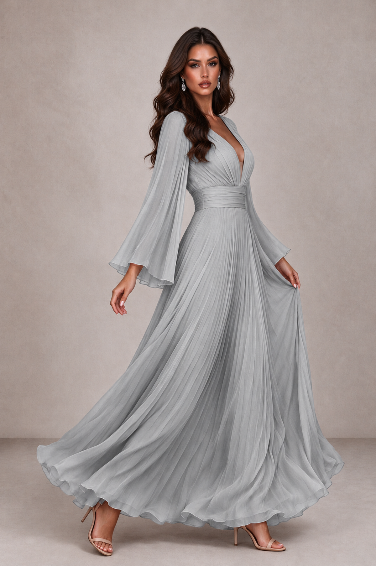 BOLODOO Silver Pleated Deep V-Neck Long Bell Sleeve Evening Dress - Silver - Silver_4
