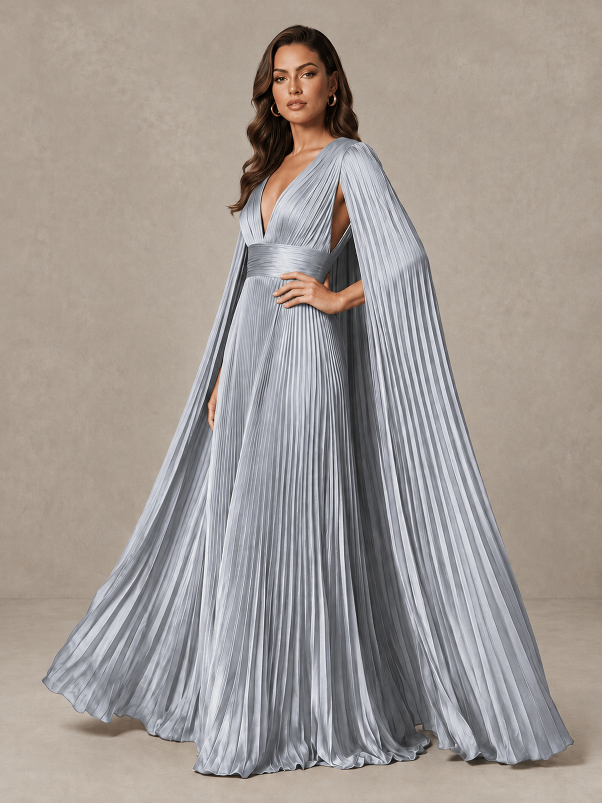 BOLODOO Silver Deep V-Neck Pleated Cape Sleeve Evening Gown - Silver - Silver_4