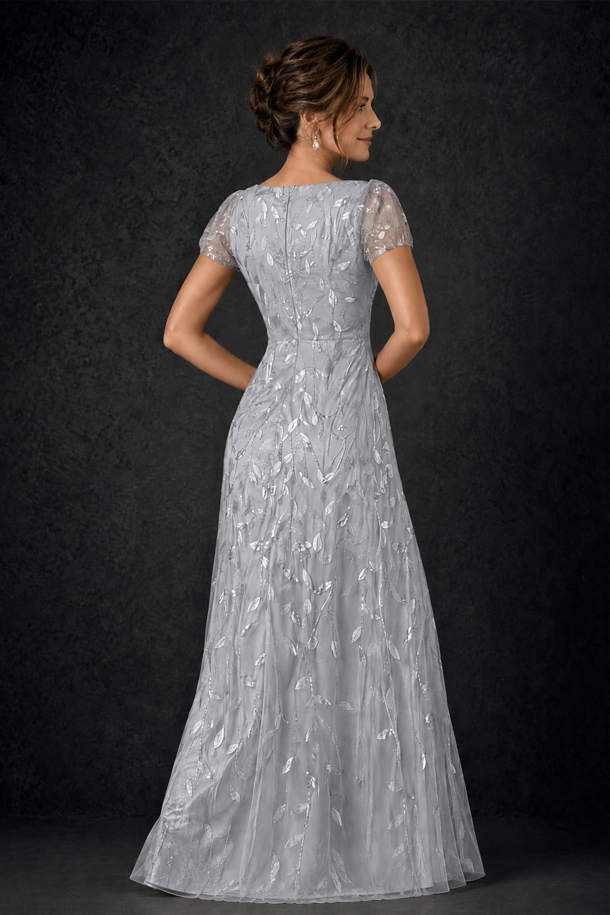 BOLODOO Silver Leaf Embroidered A-Line Formal Gown with Cap Sleeves - Silver - Silver_4
