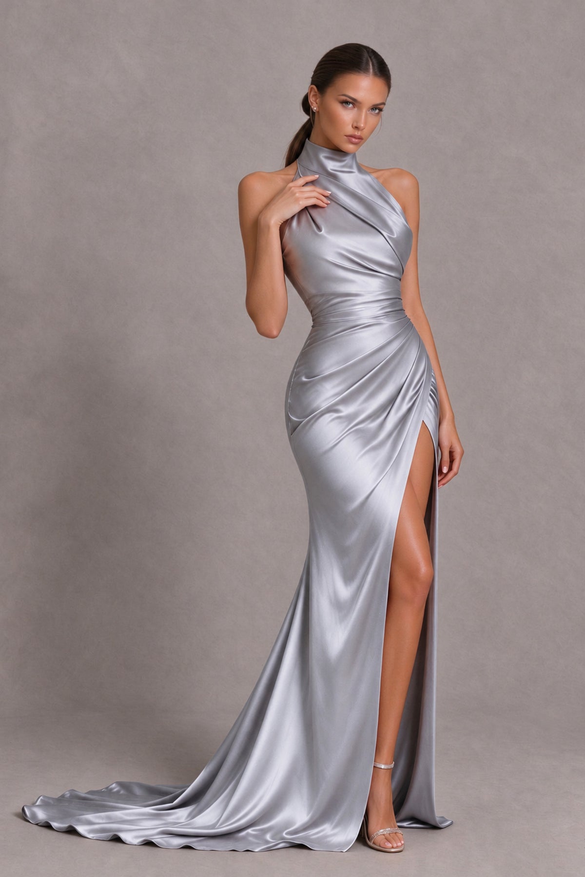 BOLODOO Silver Halter Satin-Look Evening Gown with High Slit - Silver - Silver_4