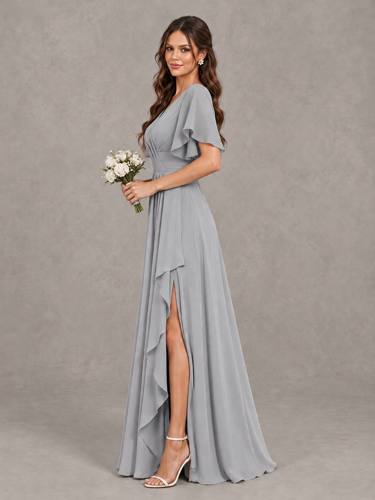 BOLODOO Silver Flutter Sleeve V-Neck Bridesmaid Dress with Ruffle Slit - Silver - Silver_4