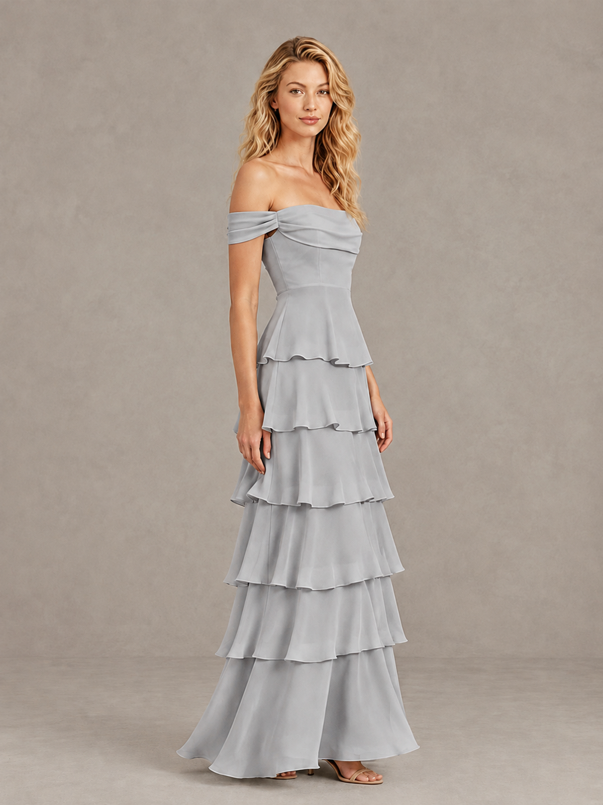 BOLODOO Silver Off-Shoulder Tiered Ruffle Bridesmaid Dress with Lace-Up Back - Silver - Silver_4