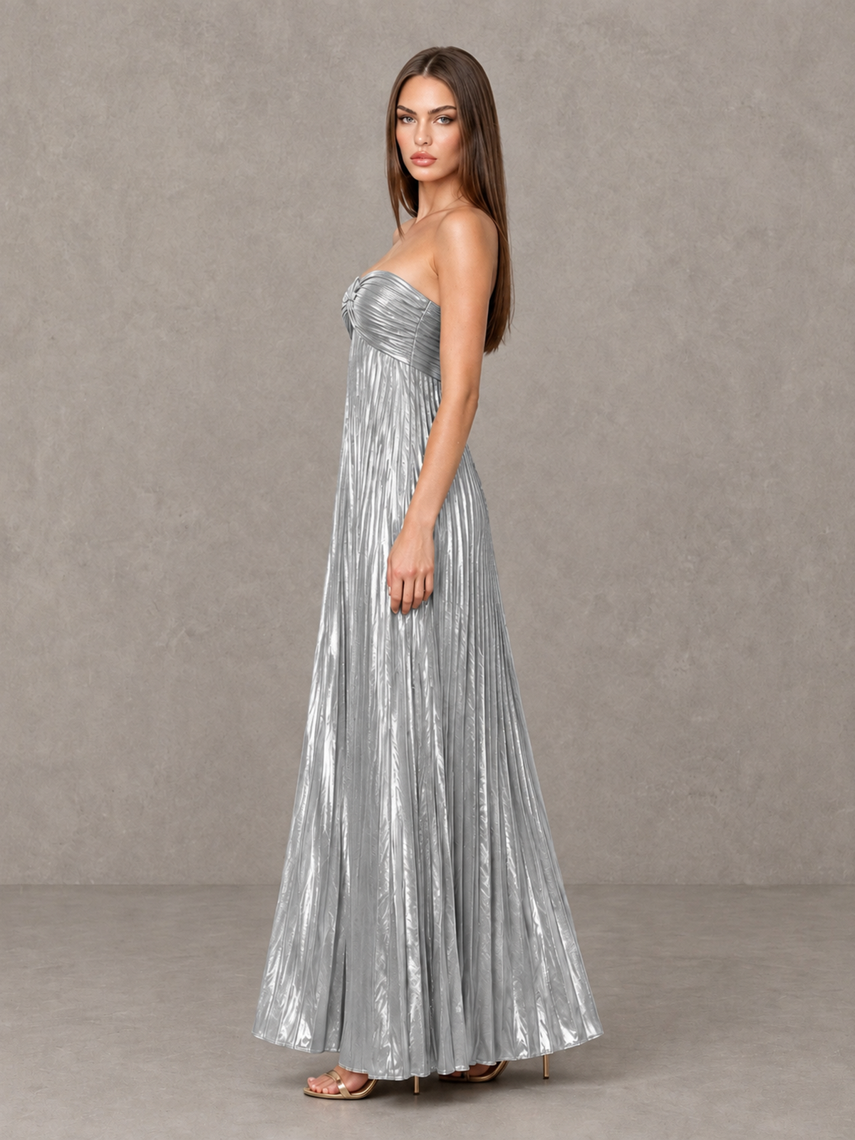 BOLODOO Silver Strapless Sweetheart Metallic Pleated Maxi Dress - Silver - Silver_4