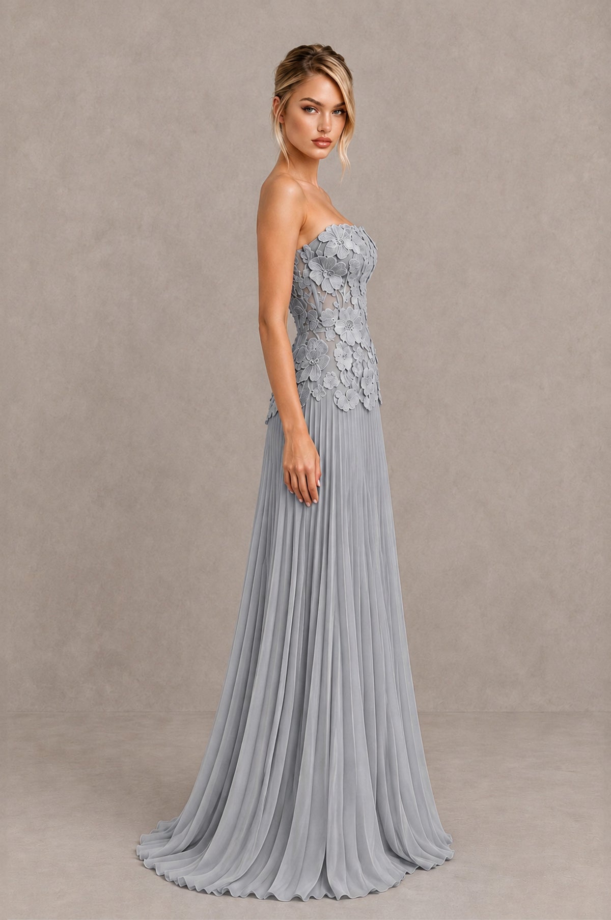 BOLODOO Silver Strapless Floral Applique Pleated Evening Dress - Silver - Silver_4