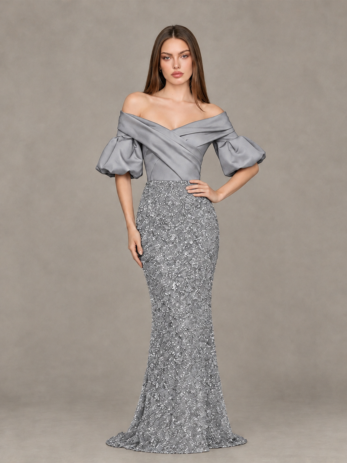 BOLODOO Silver Off-Shoulder Puff Sleeve Sequin Mermaid Evening Dress - Silver - Silver_4