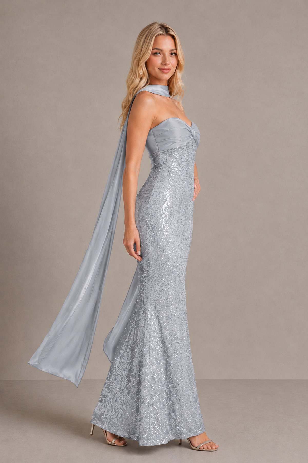 BOLODOO Silver Strapless Sweetheart Evening Dress with Scarf - Silver - Silver_4
