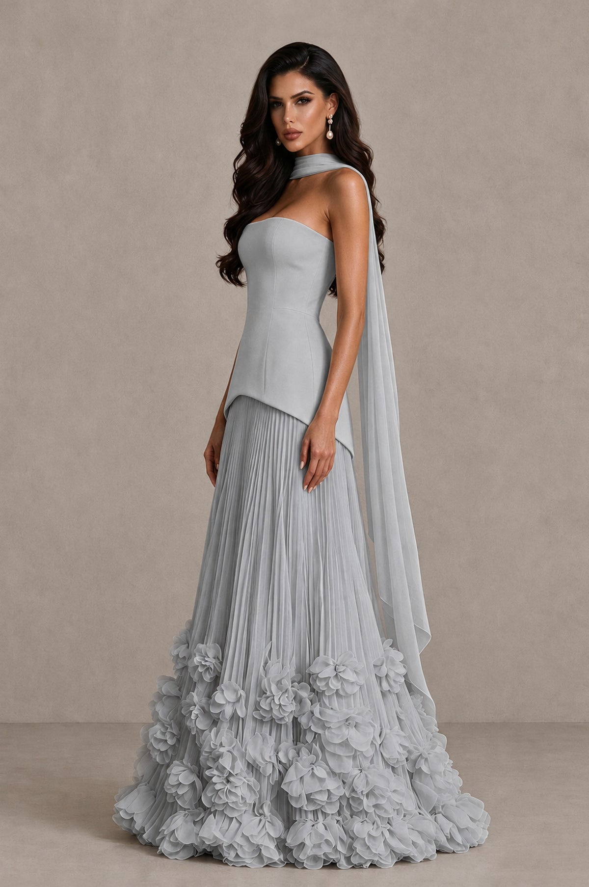 BOLODOO Silver Strapless Pleated Floral Hem Evening Gown - Silver - Silver_4