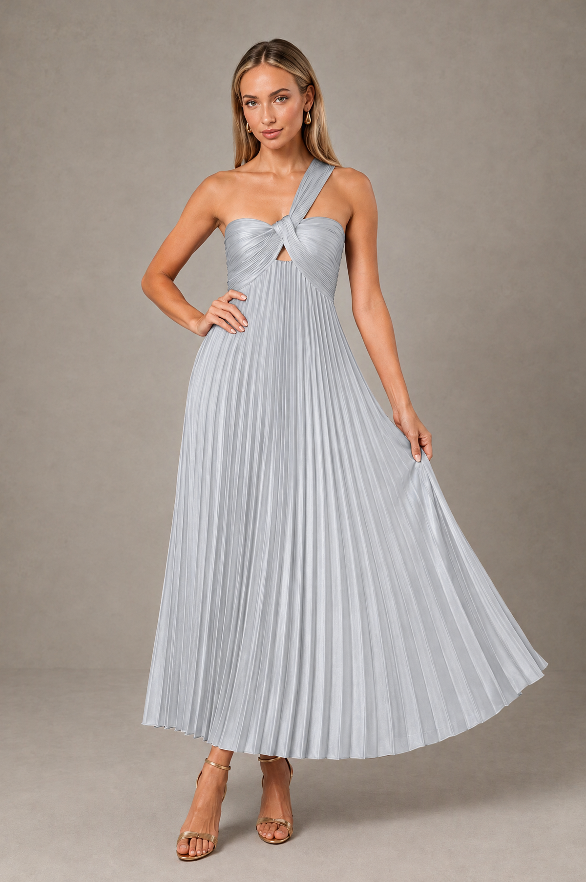 BOLODOO Silver One-Shoulder Twist Knot Pleated Satin Midi Dress with Cutout - Silver - Silver_4