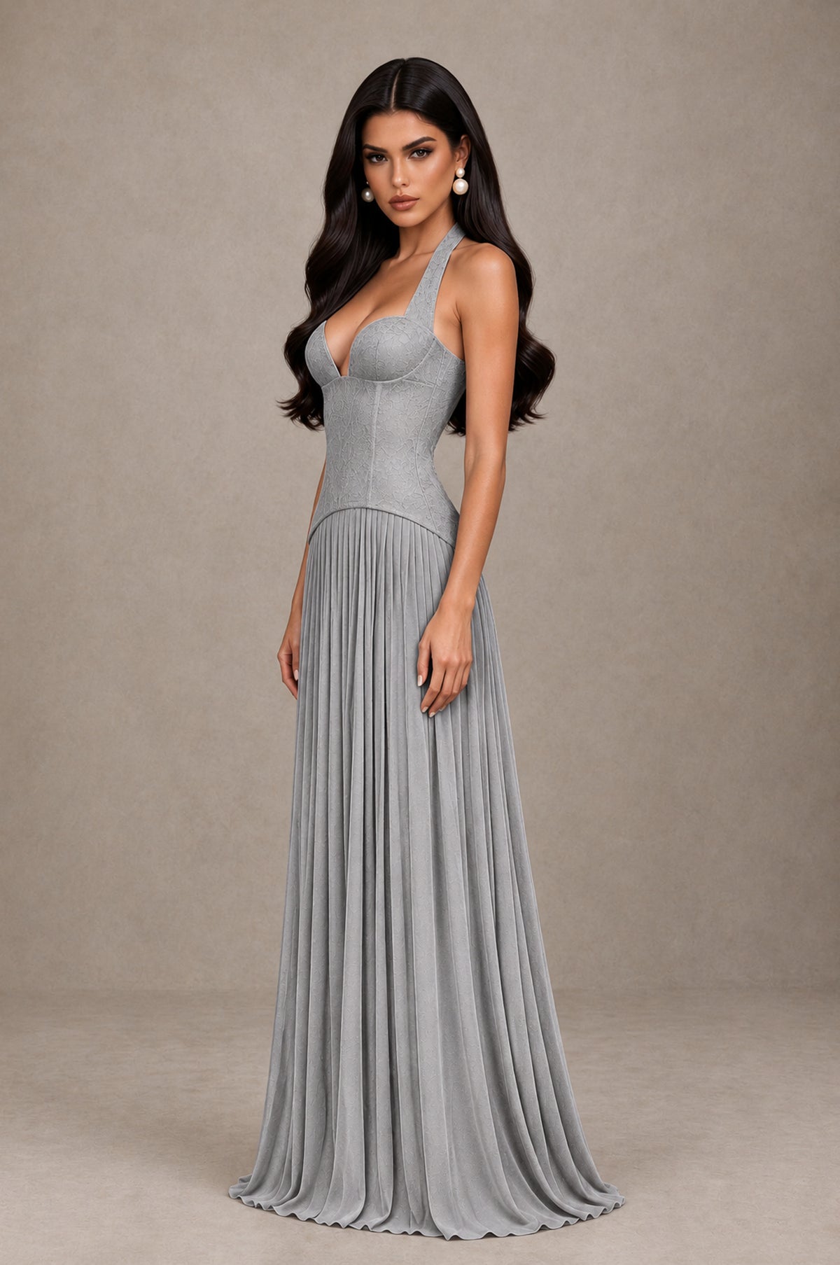 BOLODOO Silver Halter Corset Pleated A-Line Evening Dress - Silver - Silver_4