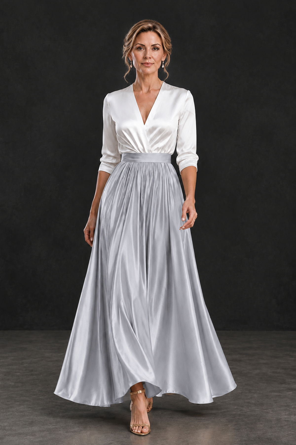 BOLODOO Silver and White V-Neck A-Line Mother of the Bride Dress - Silver - Silver_4