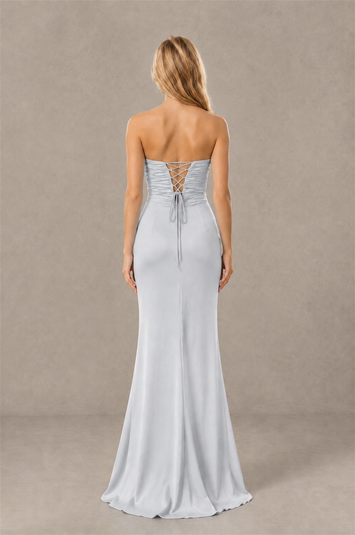 BOLODOO Silver Sweetheart Strapless Twist Knot Cutout Lace-Up Back Satin Mermaid Maxi Dress - Silver - Silver(4)