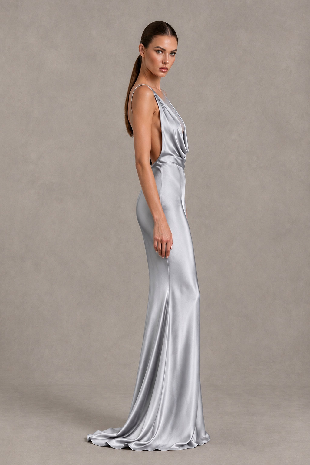 BOLODOO Silver Cowl Neck Backless Satin Mermaid Evening Dress - Silver - Silver_4