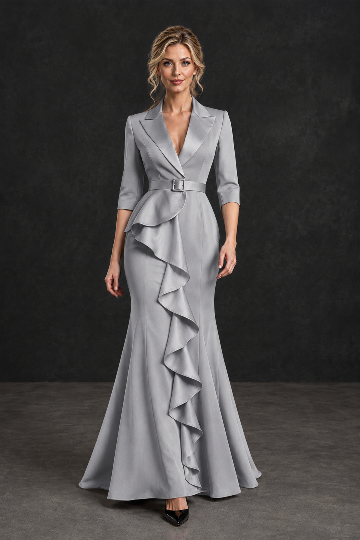 BOLODOO Silver Lapel Ruffle Mother of the Bride Dress with Belt - Silver - Silver_4