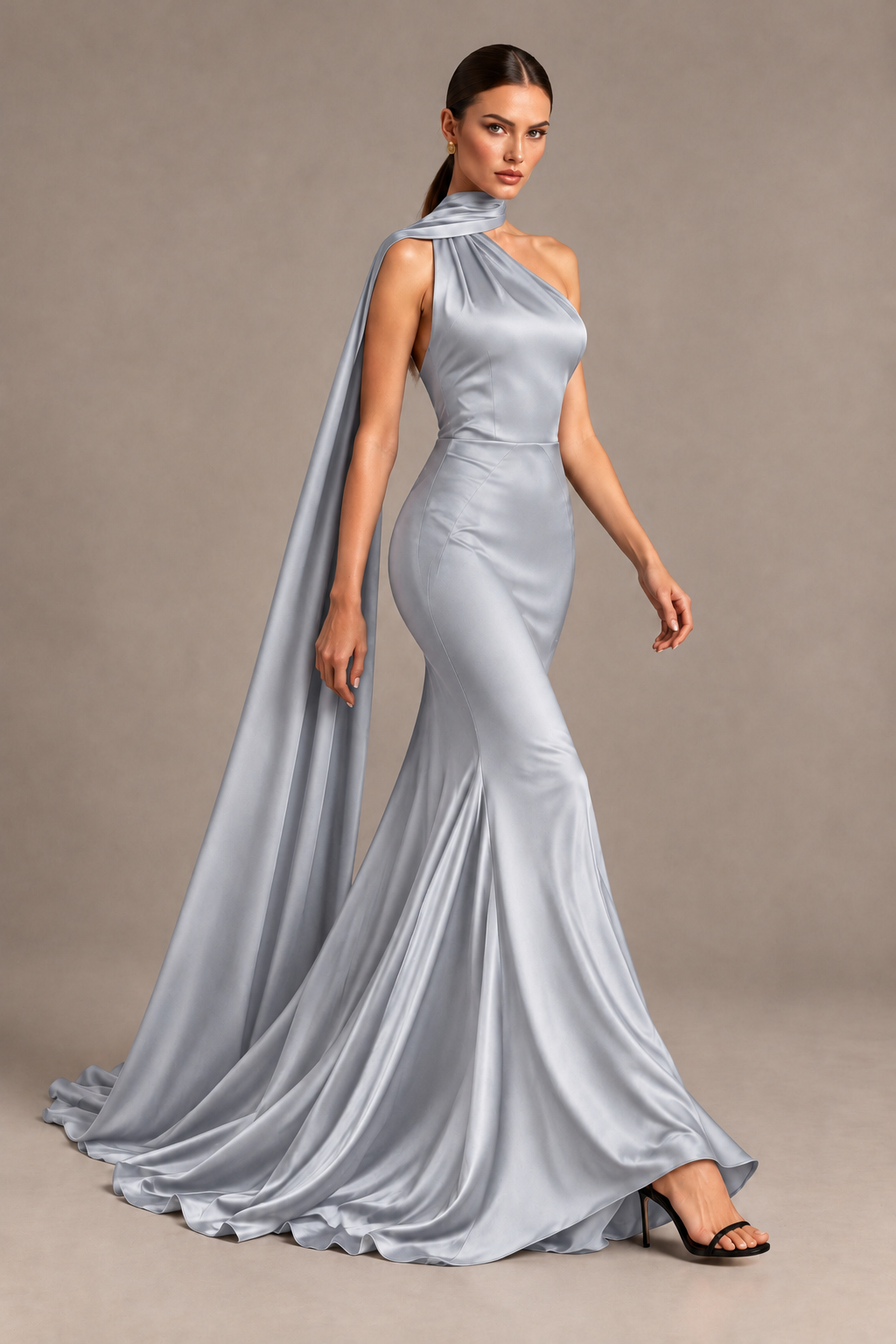 BOLODOO Silver One-Shoulder Satin Mermaid Evening Dress with Scarf - Silver - Silver_4
