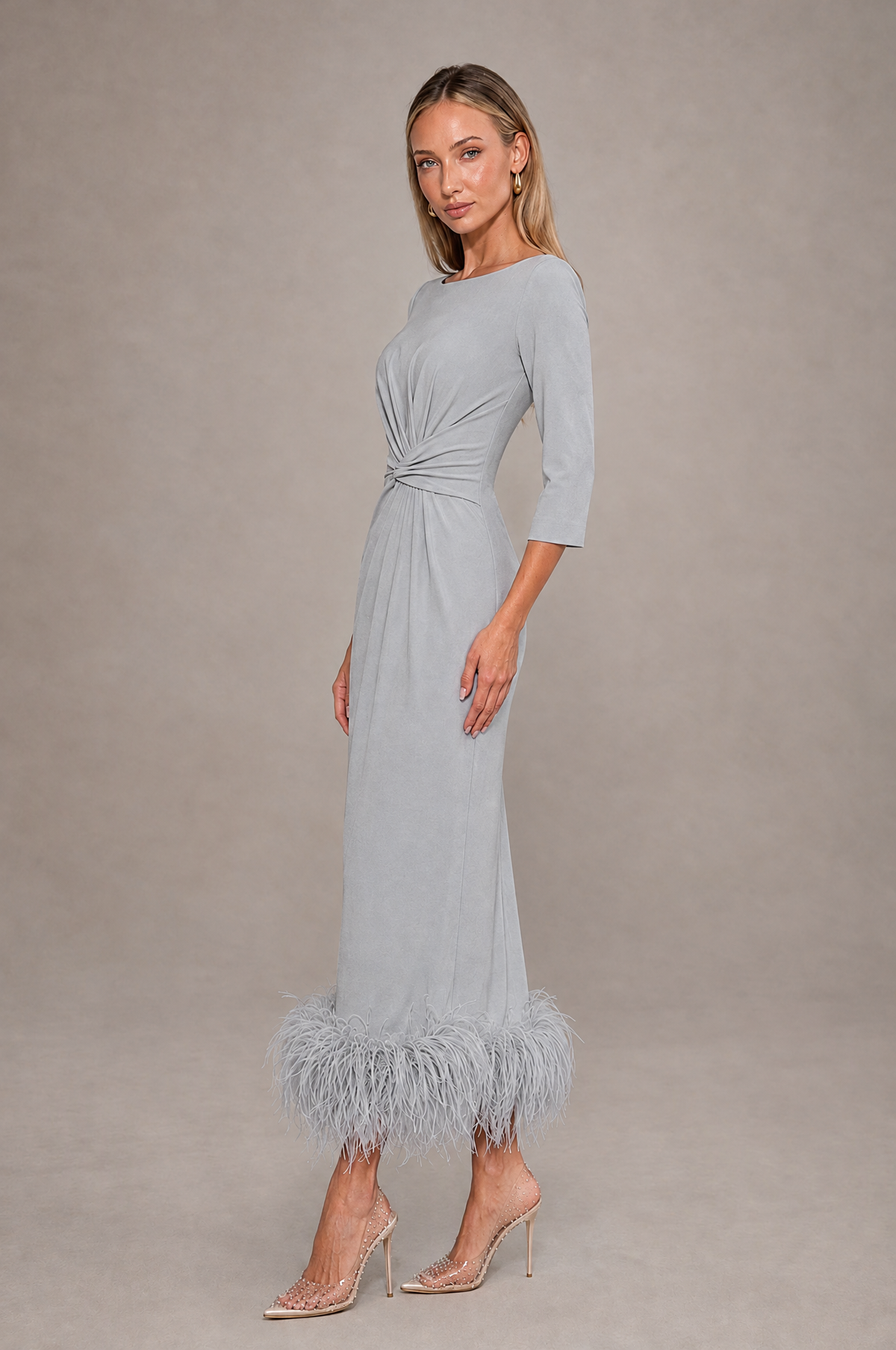 BOLODOO Silver Feather-Trim Twist-Waist Midi Dress - Silver - Silver_4
