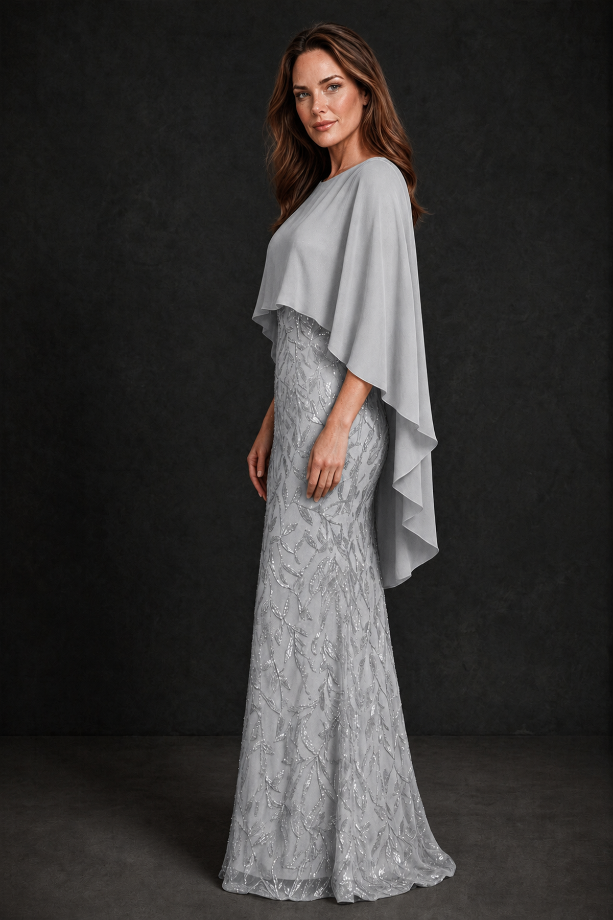 BOLODOO Silver Round Neck Chiffon Cape Overlay Sequin Lace Mermaid Maxi Dress - Silver - Silver_4