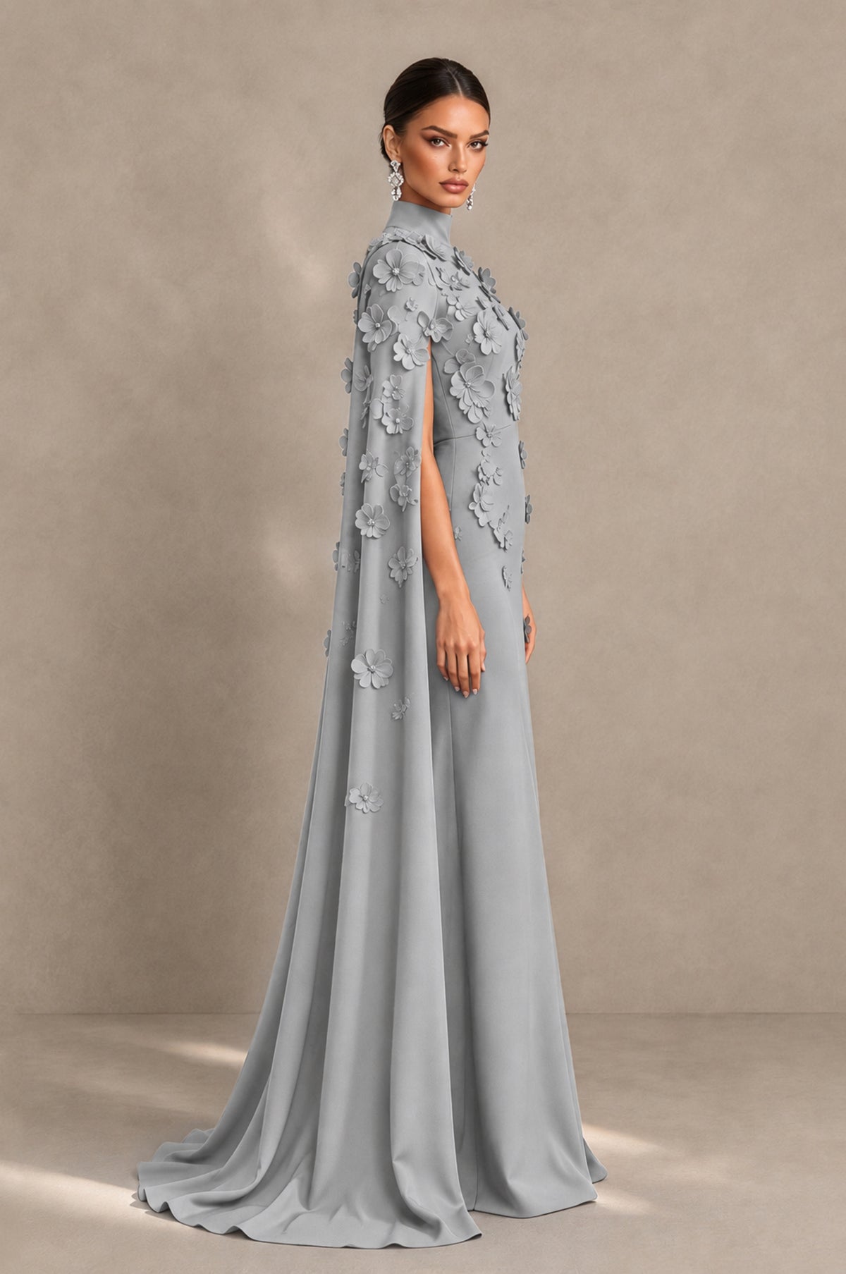 BOLODOO Silver 3D Floral Applique Cape Formal Dress - Silver - Silver_4