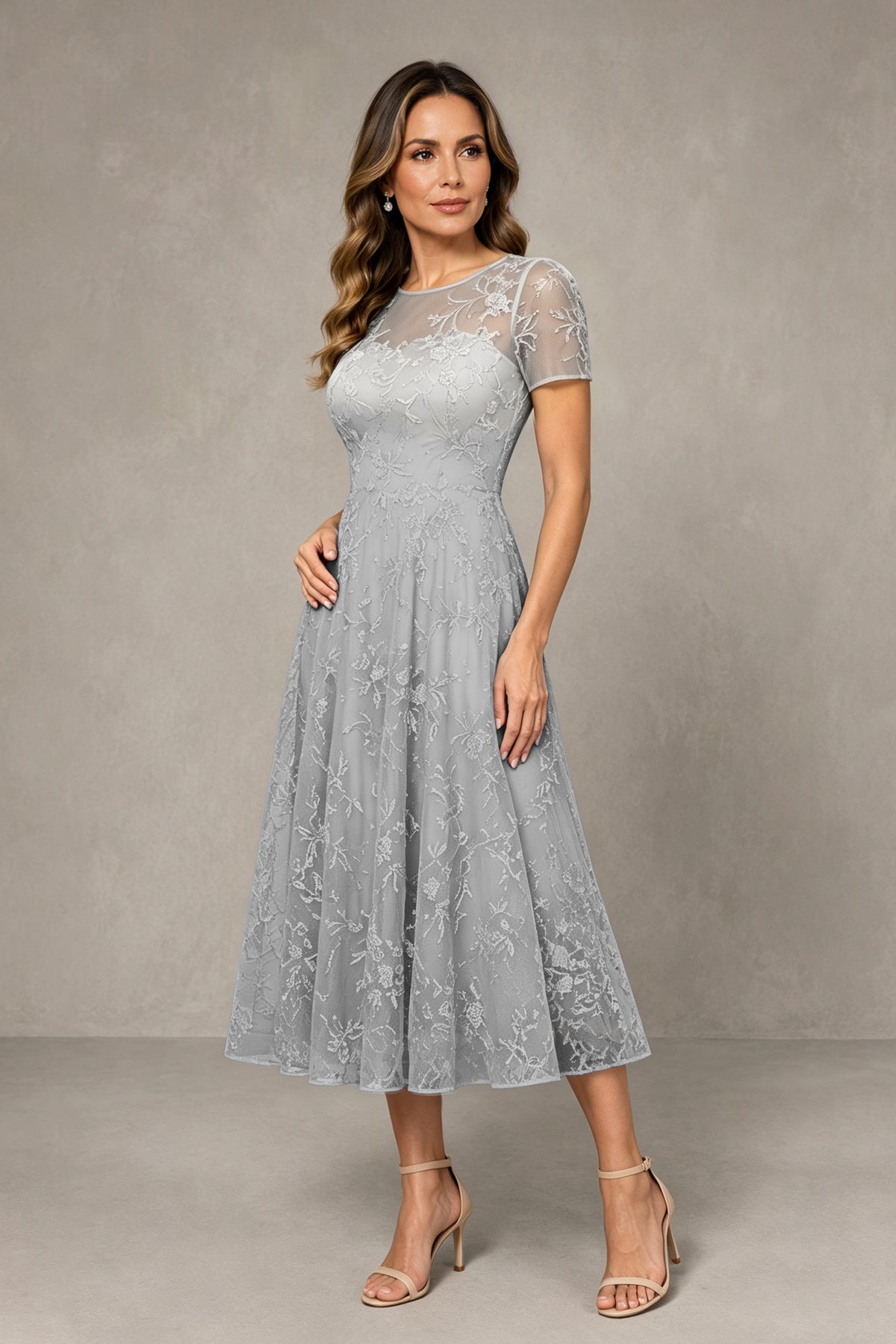 BOLODOO Silver Textured Floral A-Line Dress with Short Sleeves - Silver