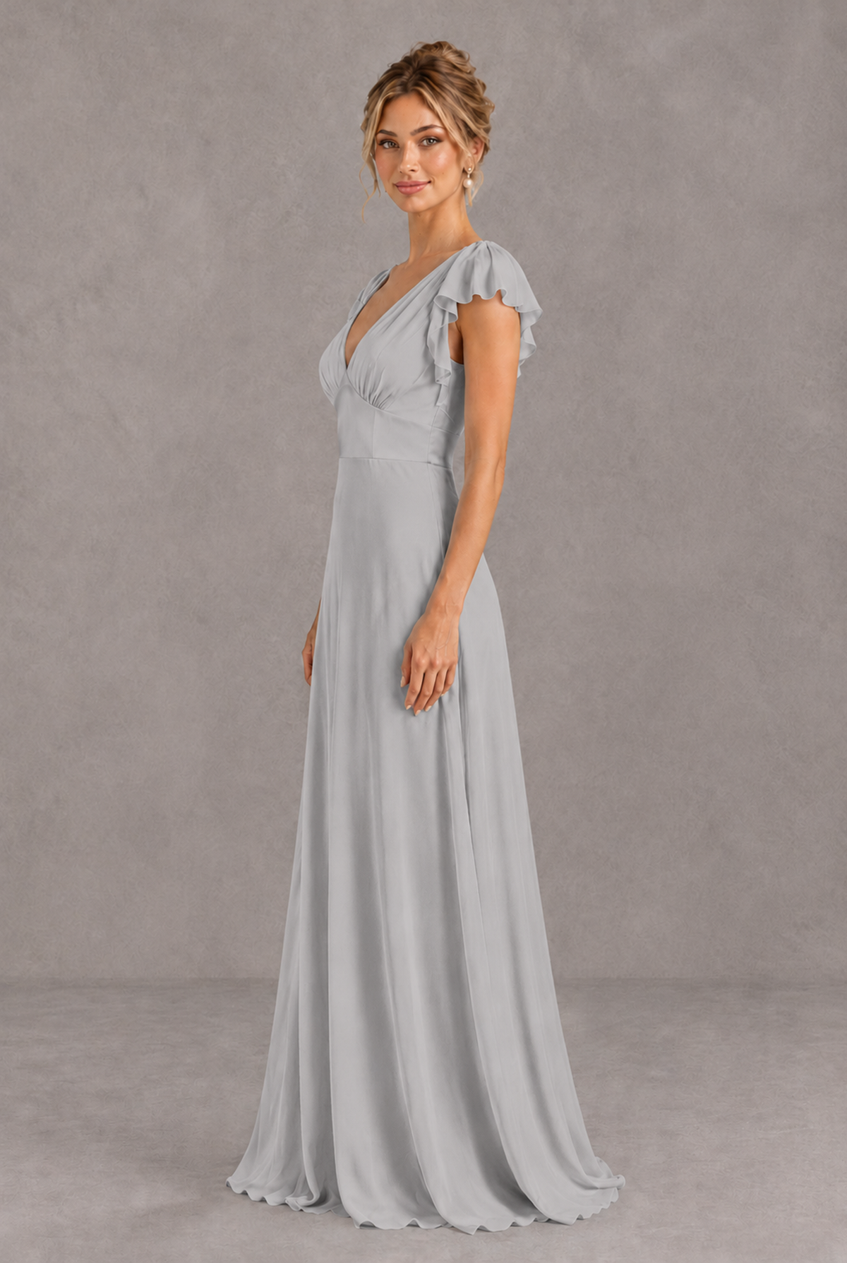 BOLODOO Silver V-Neck Flutter Sleeve A-Line Bridesmaid Dress - Silver - Silver_4