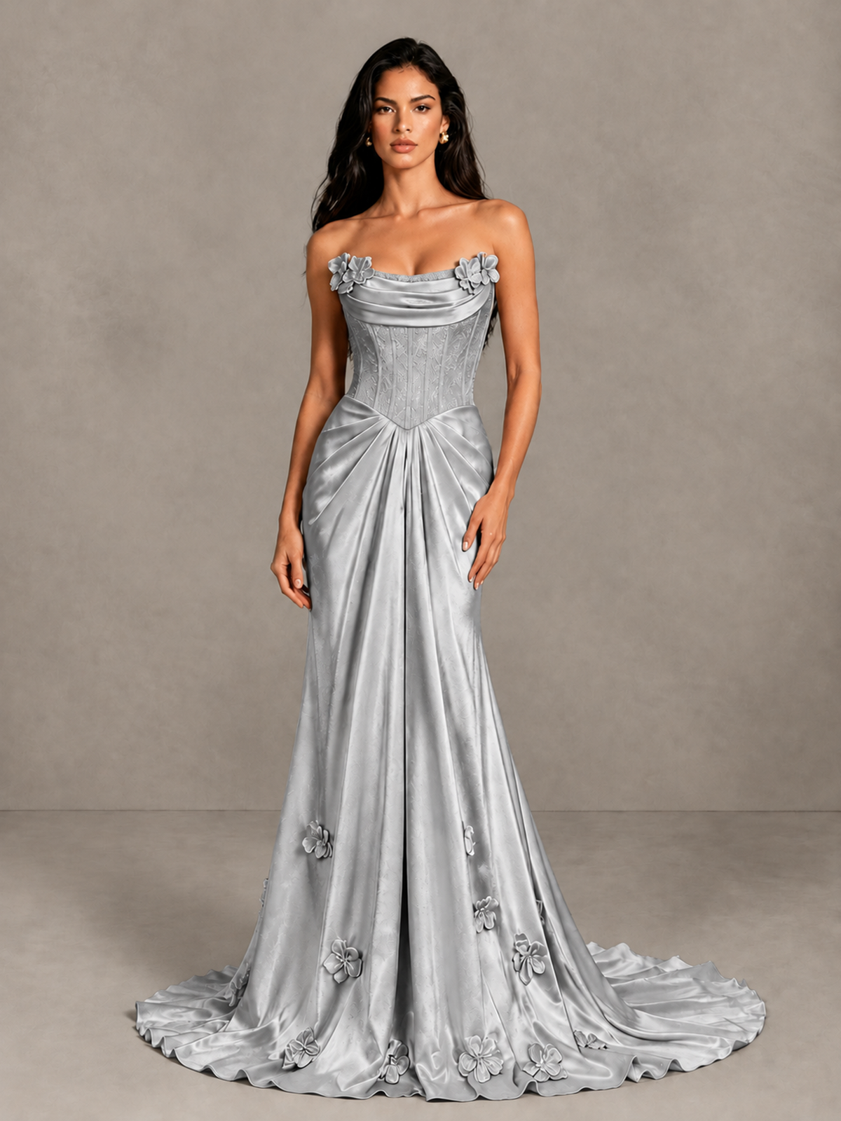 BOLODOO Silver Strapless Floral Corset Evening Gown with Train - Silver - Silver_4