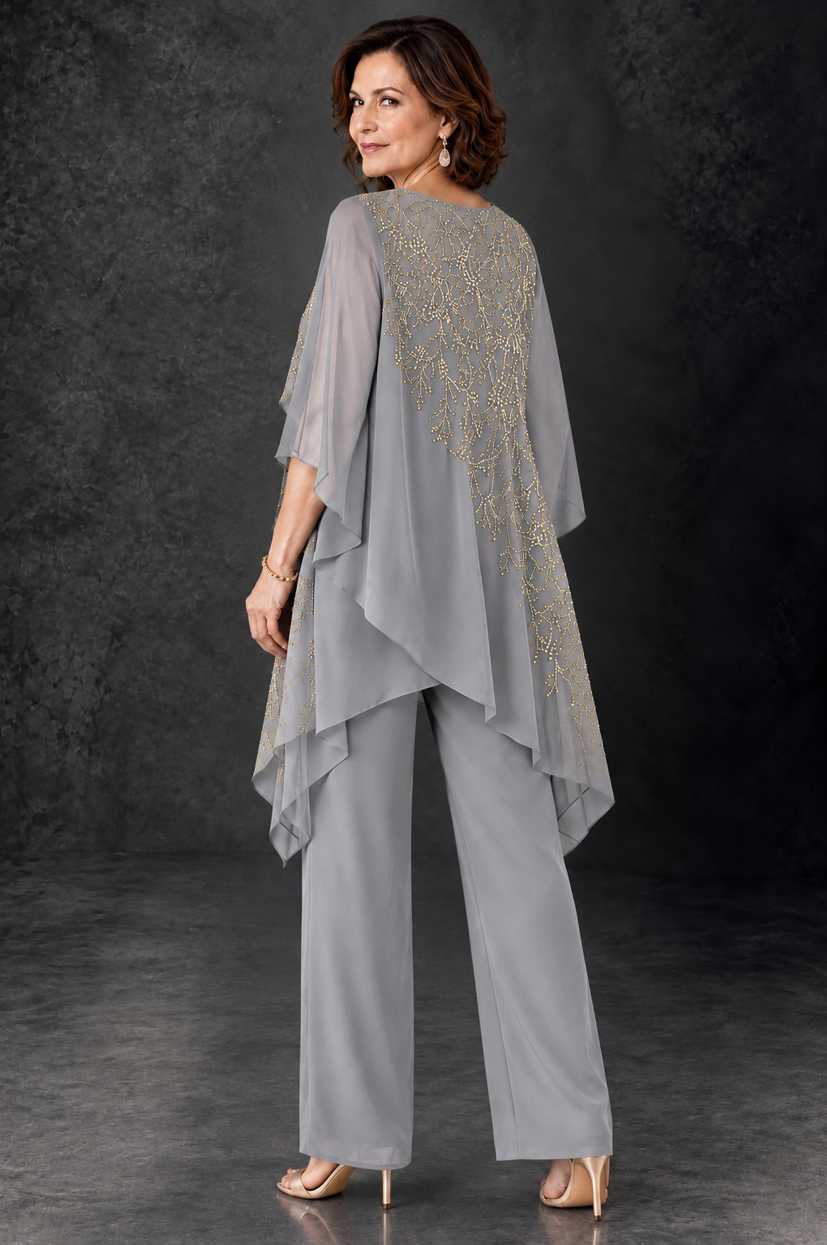 BOLODOO Silver Embellished Cape Pant Suit for Mother of the Bride - Silver - Silver_4