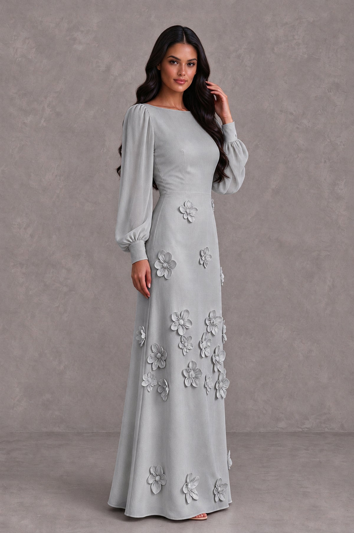 BOLODOO Silver Long Sleeve Floral Applique A-Line Evening Dress - Silver - Silver_4