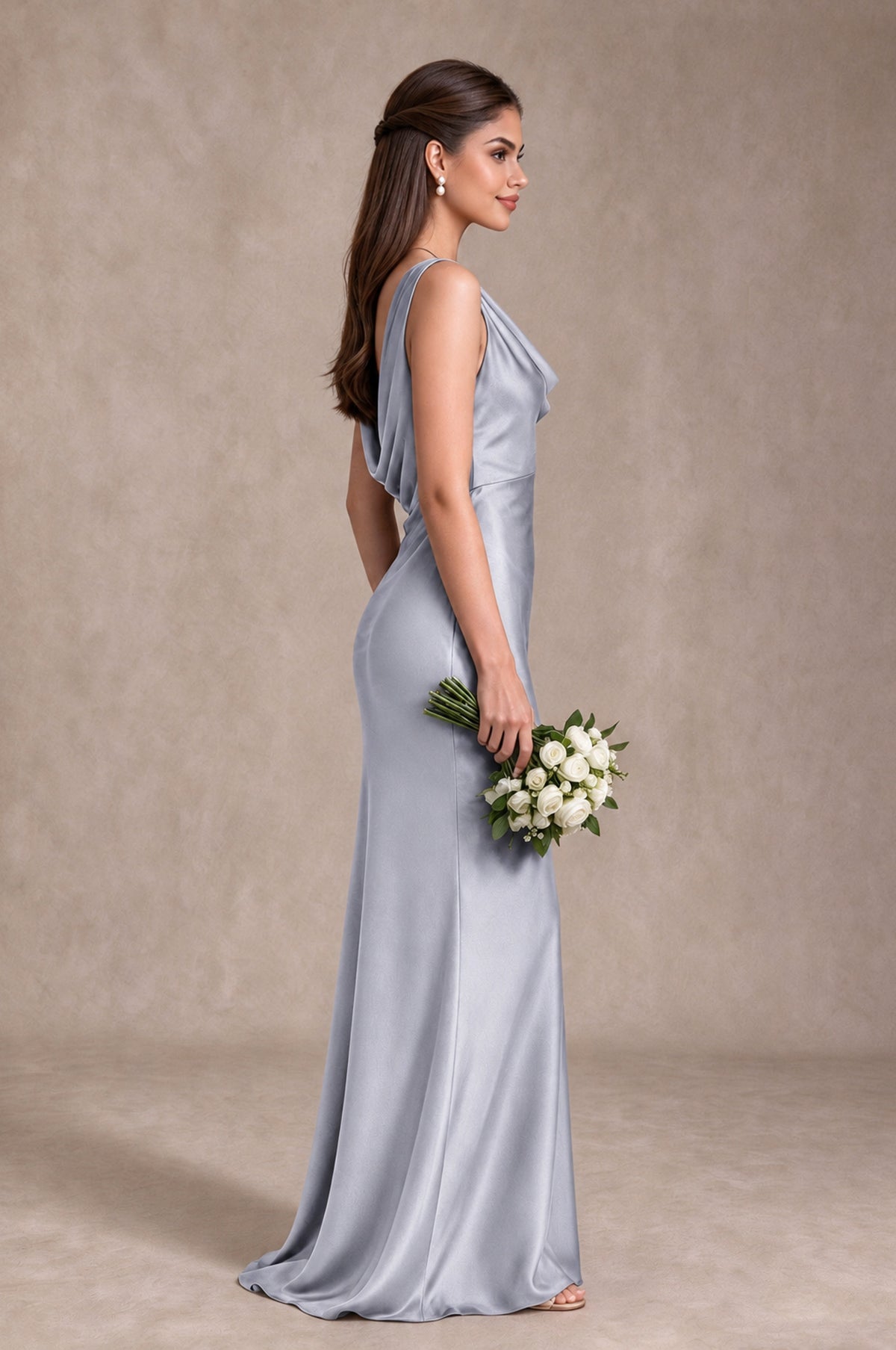 BOLODOO Silver Cowl Neck Open Back Satin Bridesmaid Dress - Silver - Silver_4