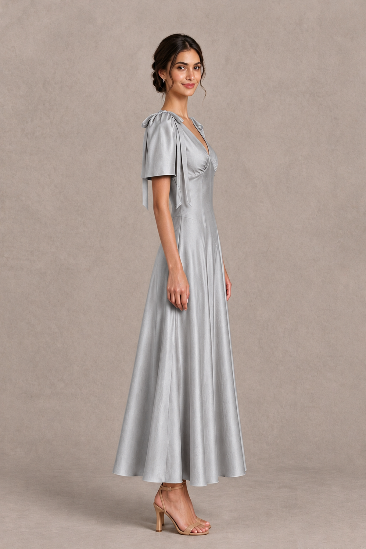 BOLODOO Silver V-Neck Short Sleeve Satin-Look Bridesmaid Dress with Shoulder Bows - Silver - Silver_4