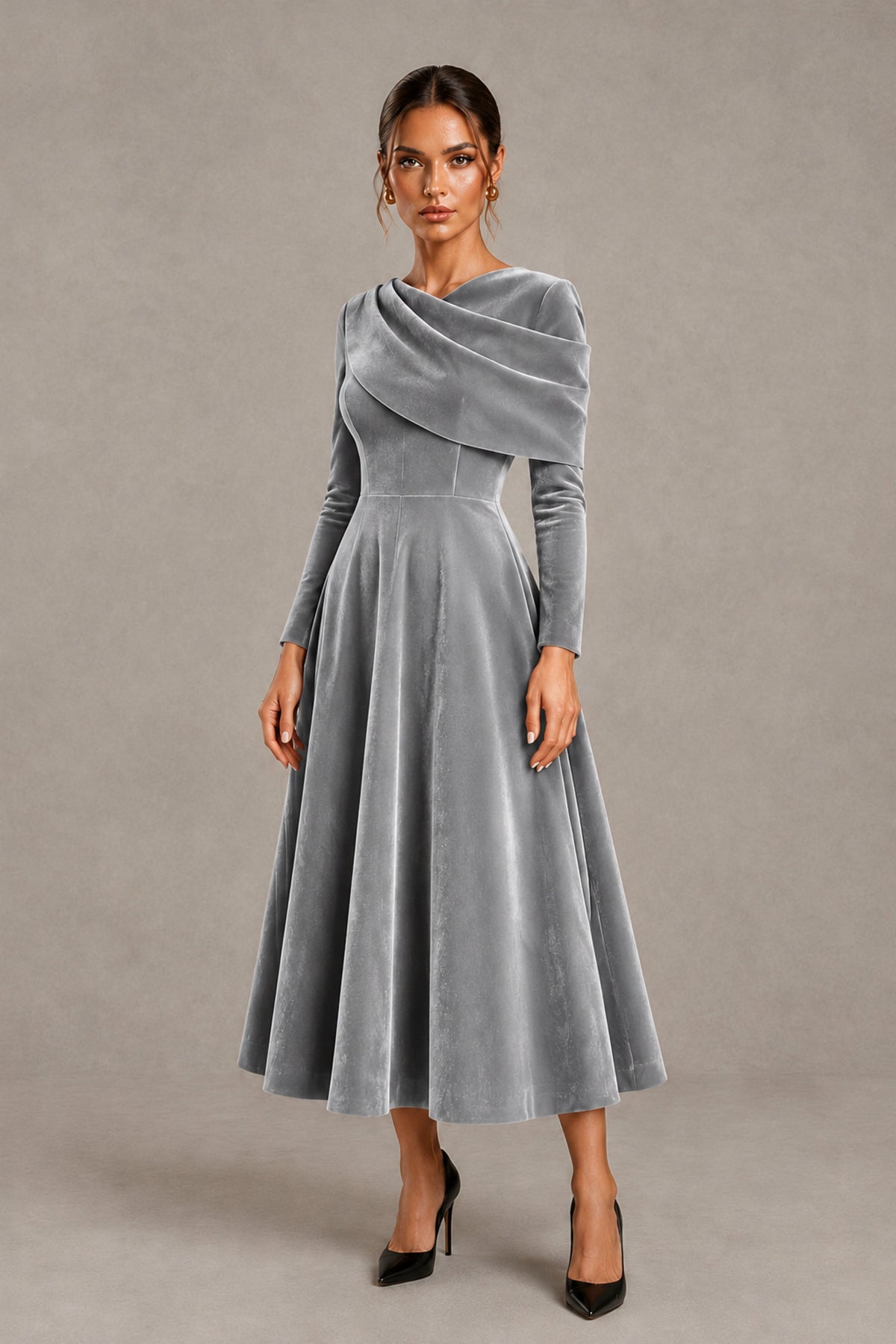 BOLODOO Silver Velvet-Look Long Sleeve Tea-Length A-Line Dress with Draped Neckline - Silver - Silver_4