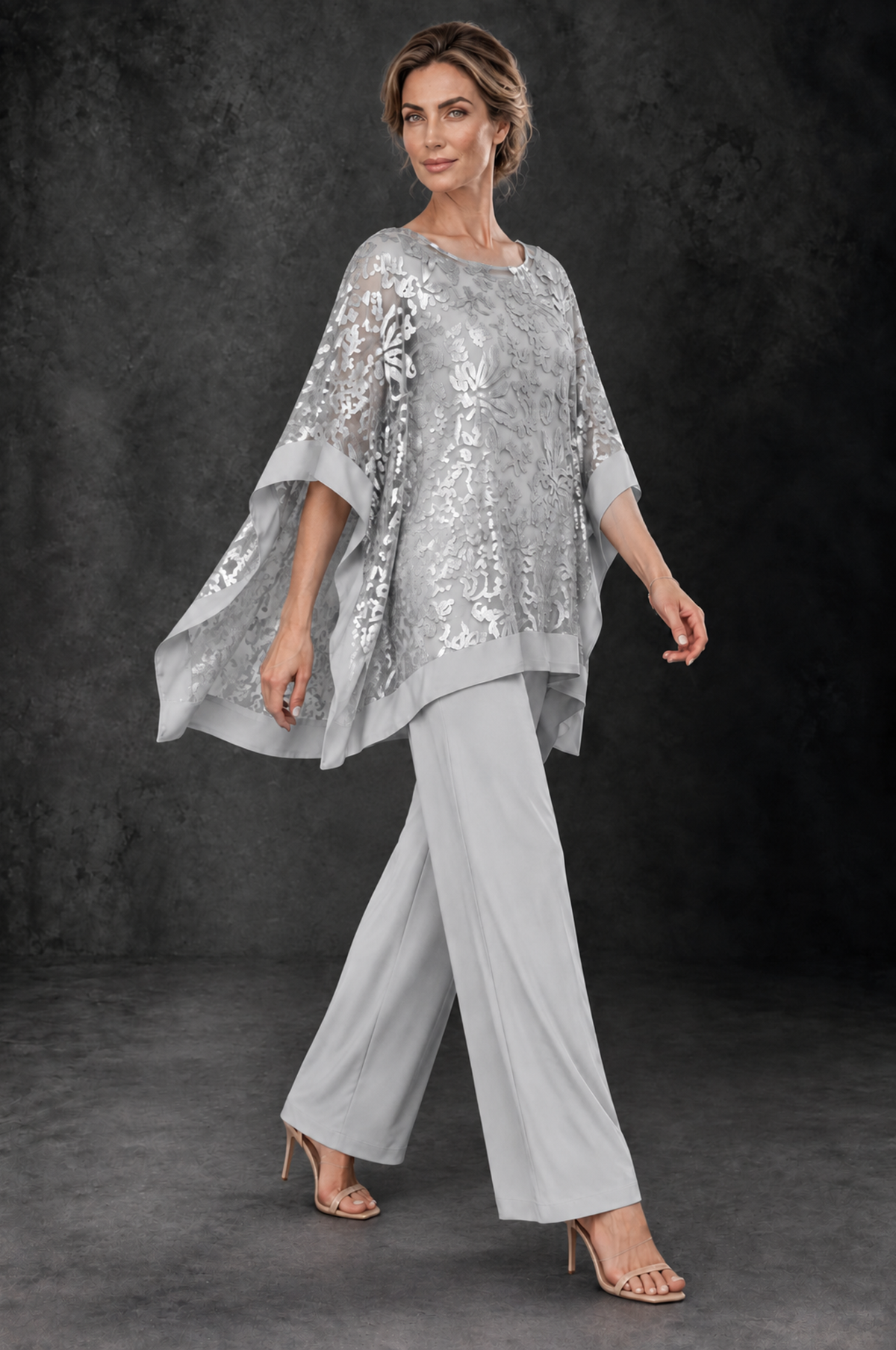 BOLODOO Silver Floral Cape Mother of the Bride Pant Suit - Silver - Silver_4