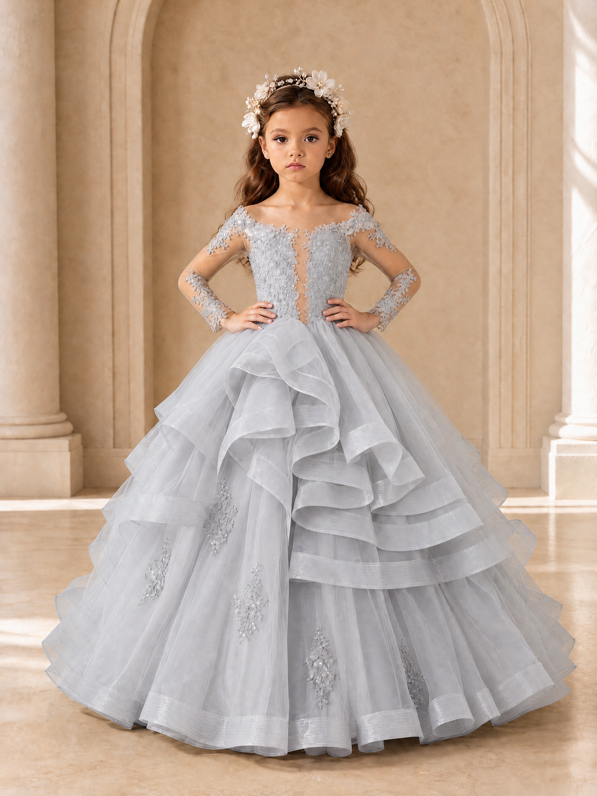 BOLODOO Silver Lace Long Sleeve Tiered Flower Girl Dress - Silver - Silver_4
