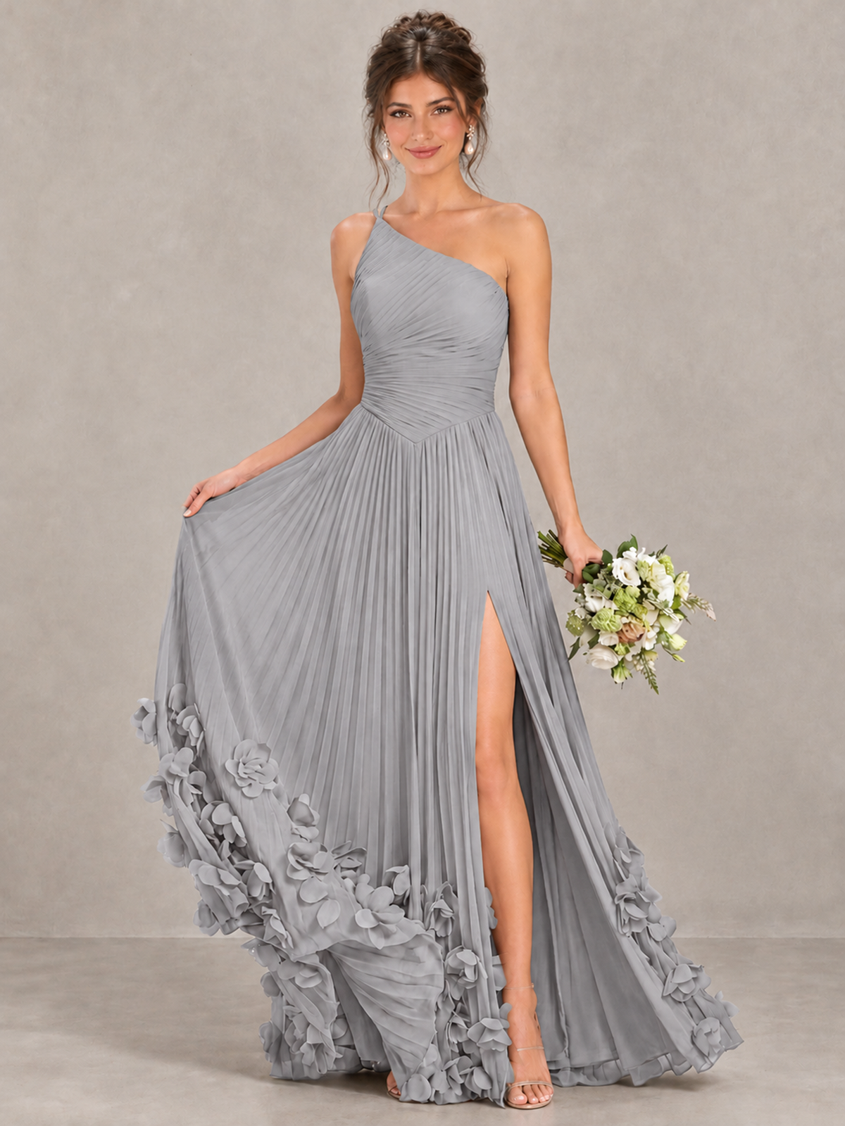 BOLODOO Silver One-Shoulder Pleated Bridesmaid Dress with 3D Floral Hem - Silver - Silver_4