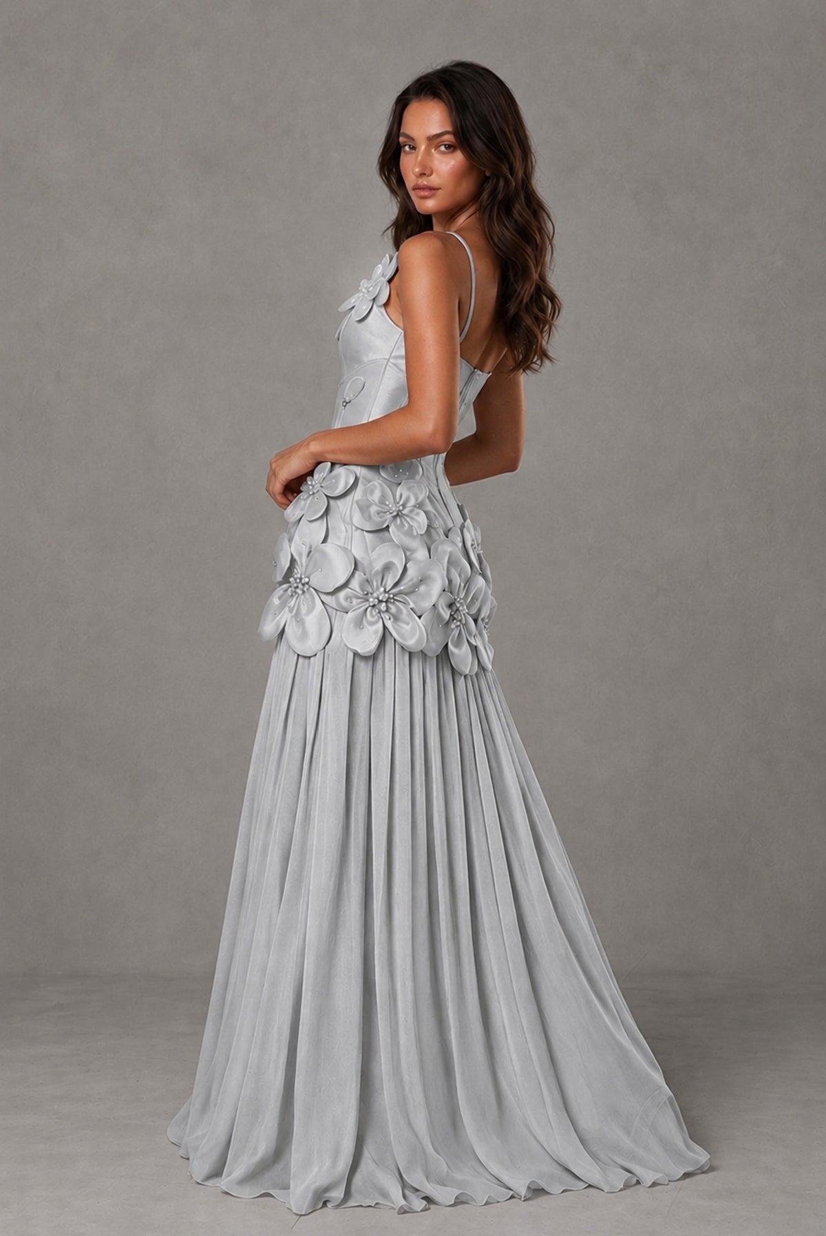 BOLODOO Silver 3D Floral Appliqué Floor-Length A-Line Evening Gown - Silver