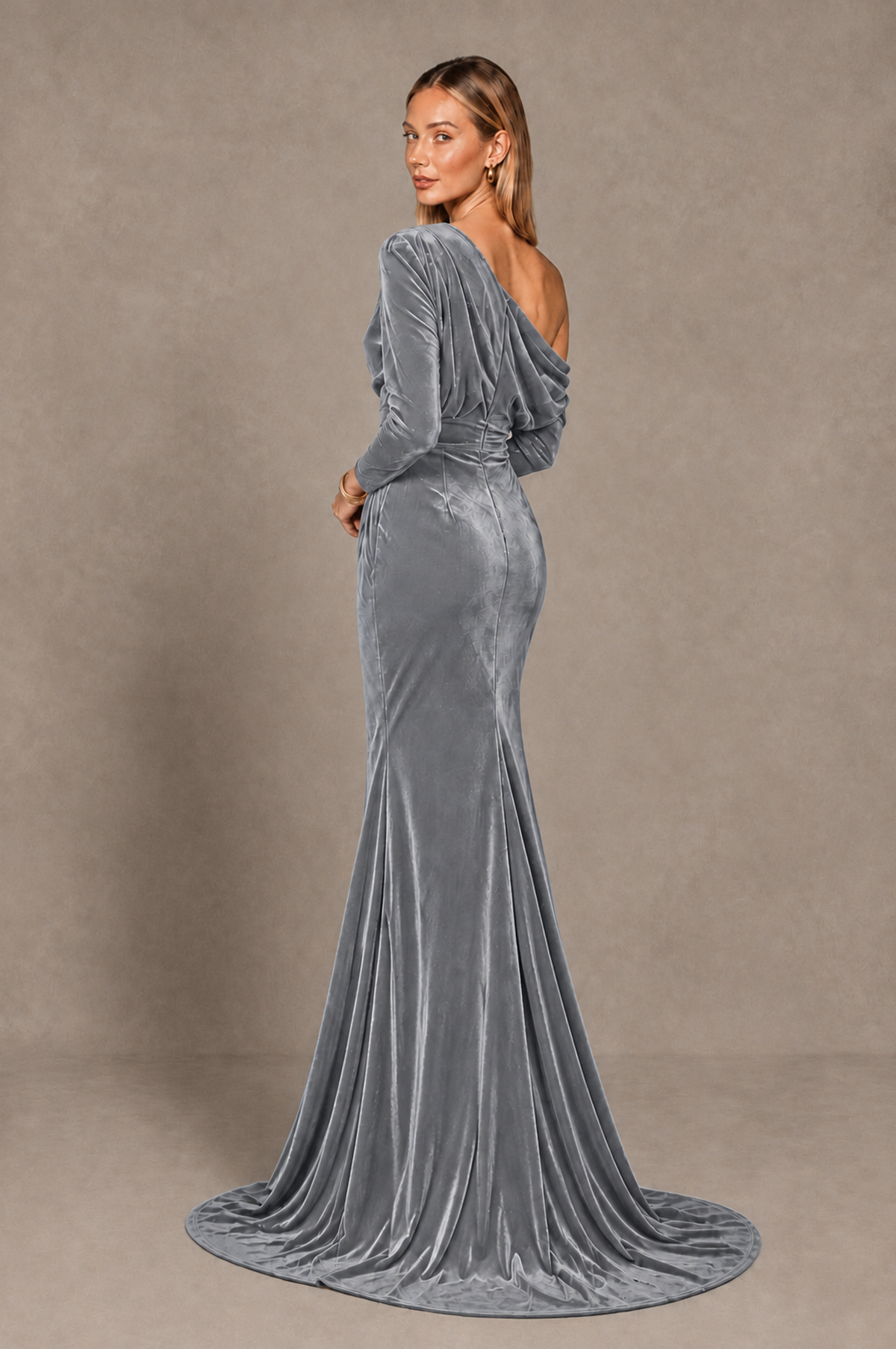 BOLODOO Silver Velvet Asymmetric Neck Mermaid Evening Dress - Silver - Silver_4
